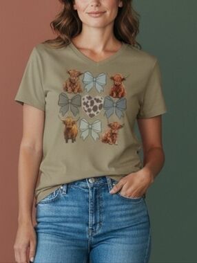 GEORGE Tan V-neck Tee with Scottish Coo's and Bows!
